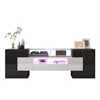Mueble De Salón 145 Cm, Mesa De Tv Con Iluminación Led, Gran Almacenaje, Mdf, Mueble De Tv Blanco Brillo Y Cemento