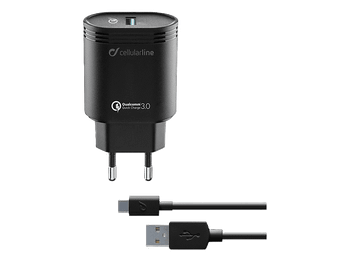 Cargador móvil - CellularLine Charger Kit, 18W, Carga rápida, USB C, USB, 100 cm, Universal, Negro