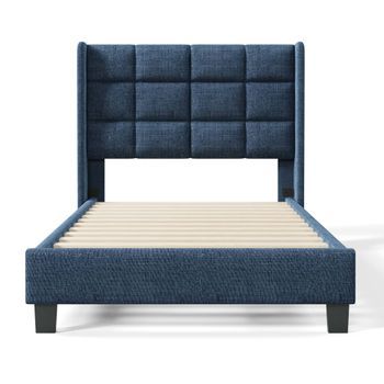 Cama Tapizada En Tela De Lino - 90x200 Cm - Con Cabecero Y Somier - Azul