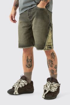 Pantalón Corto Vaquero Holgado Sin Tratar Con Lateral Súper Roto En Gris Antiguo, Gris