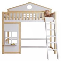 litera infantil forma de casa 90x200 con escalera barrera de seguridad madera blanco y natural