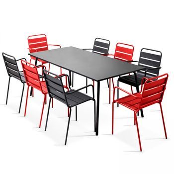 Mesa De Jardín Rectangular Y 8 Sillones De Metal Gris Y Rojo