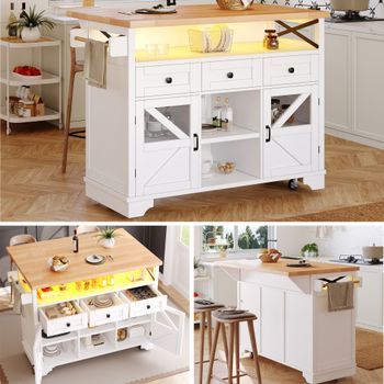 Carrito De Cocina - Mueble Auxiliar Con Ruedas - Mdf Y Metal - Blanco (120x71x98cm)
