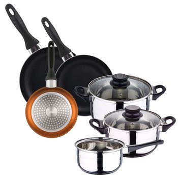 Batería de cocina de acero inox y sartenes bronce ø16,20,24 cm