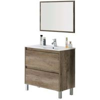 mueble de bano con dos cajones y espejo enmarcado