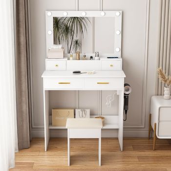 Tocador Con Espejo Led Y Taburete - Mueble Para Dormitorio - Mdf - Blanco (80x40x137cm)