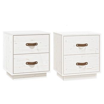 Pack 2 Uds Mesitas De Noche | Mesa Auxiliar | Mesilla Madera Maciza Pino Blanco 40x34x45 Cm
