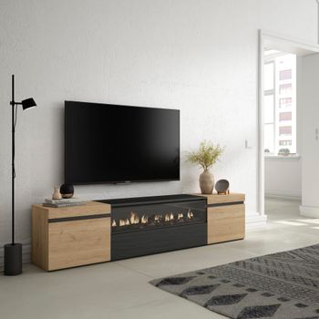 Mueble tv efecto madera roble y negro 200x35x45 chimenea efecto fuego