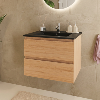 Mueble De Baño Roble Claro 60 Cm [marenza] - Mueble Bajo Lavabo - Lavabo Negro - Lavabo De Cerámica - Mueble De Baño Suspendido Lomazoo
