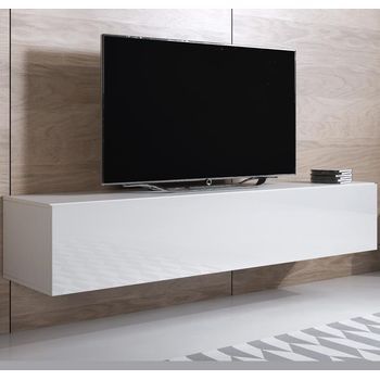 Mueble Tv Colgante | Mueble De Televisión | Mueble De Salón | 1 Puerta 3 Compartimentos | 160x30x40cm | Modelo Luke H2 | Blanco Acabado En Brillo