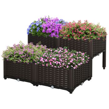 Outsunny Jardinera con patas de 2 pisos dim. 80L x 80W x 44H cm inserción de riego plástico imitación ratán tejido chocolate