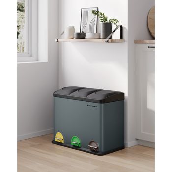 Cubo triple de cocina 45 l con pedal de acero gris y negro