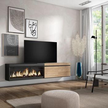 Mueble tv efecto madera roble negro 208x35x45cm chimenea efecto fuego