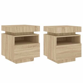 Pack 2 Uds Mesitas De Noche | Mesa Auxiliar | Mesilla Con Luces Led Roble Sonoma 40x39x48,5 Cm