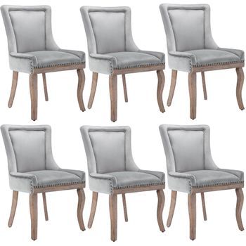 Juego De 6 Sillas De Terciopelo - Con Patas De Madera Maciza - Gris