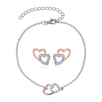 Pulsera y pendientes corazones de plata 925, color rosado