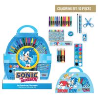 set papeleria coloreable sonic the hedgehog para ninos - kit manualidades 50 piezas con rotuladores lapices pegatinas y acuarelas licencia oficial vuelta al cole