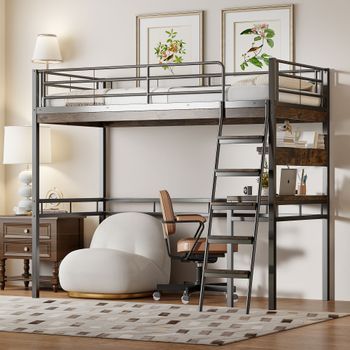 Cama Alta 90 X 200 Cm Con Escritorio Y Estantes - Metal + Mdf - Negro (sin Colchón)
