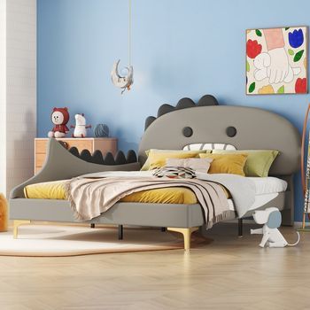 Cama Para Niño 140x200 Cm Con Motivo De Dinosaurio De Dibujos Animados En Pu Gris
