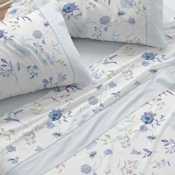 Juego De Sábanas 50% Algodón Diseño Flores Acuarela Azul 150 X 190/200 Cm - Azul - Burrito Blanco