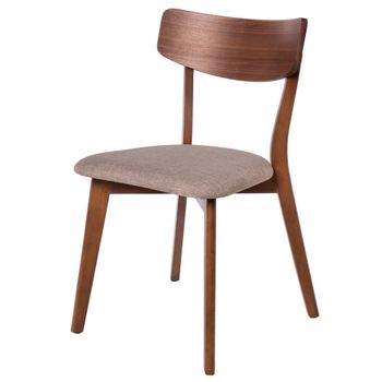Silla de madera de nogal  con asiento tapizado gris claro.