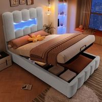 cama tapizada con iluminacion led sistema hidraulico cabecera ajustable terciopelo gris 90x200 cm