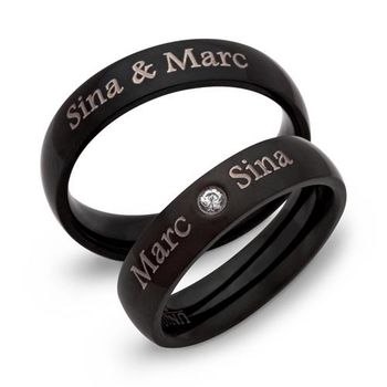 Alianzas de boda de acero inoxidable negro con grabado láser