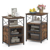 costway juego de mesitas de noche con estilo industrial armazon metalico robusto compartimentos 40 x 35 x 61 cm para dormitorio marron rustico