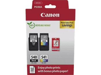 Cartucho de tinta - Canon PG-540/CL-541, 8 ml, 180 páginas por cartucho, 50 Hojas Papel Fotográfico Satinado, Negro, Color (cian, magenta, amarillo)