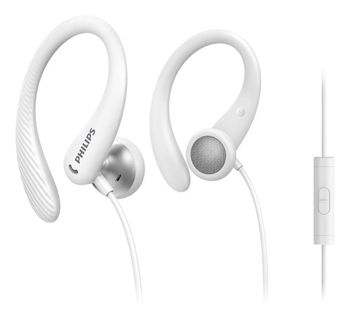 PHILIPS AUDIO Auriculares Deportivos Intrauditivos A1105WT con Micrófono (Gancho de Oreja Flexible, Apertura Bass, Resistentes al Sudor, Mando a Distancia Integrado) Blanco