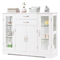 costway aparador armario con puertas de vidrio templado con 2 cajones mueble organizador para cocina comedor salon 107 x 30 x 82 cm blanco