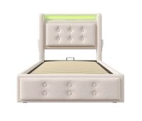 cama individual tapizada 90x200 - cabecero led carga usb c hidraulica estructura madera y metal - beige