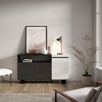 Aparador efecto madera blanco y negro 150x35x87cm con patas