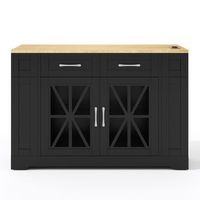 isla de cocina movil con mesa de comedor plegable toma de corriente puerto usb y puerta de cristal - negra