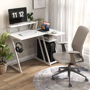 Escritorio De Juego Forma De L Con Tomas De Corriente Puertos Usb Y Estante Blanco Cfw15591