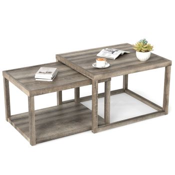 Costway Juego de 2 Mesas de Centro Anidadas Mesas Auxiliares Rectangulares Apilables con Estante de Almacenamiento Estructura de Madera de Gris