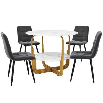 Conjunto De Comedor: Mesa Redonda De 80 Cm Con Base Dorada Y Estante Y 4 Sillas Grises