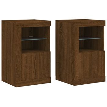 2 Uds Mueble De Almacenaje | Mesitas De Noche Luces Led Madera Ingeniería Roble Marrón