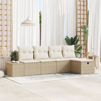 Juego De Sofá De Jardín De 5 Piezas Con Cojines Beige De Ratán Poliéster V8112 Unico / Beige