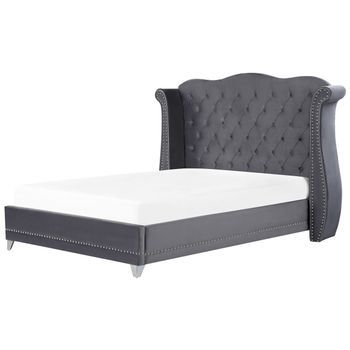 Cama Con Somier De Terciopelo Gris 180 X 200 Cm Listones Cabecero Capitoné Ayette
