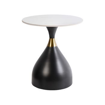 Mesa Auxiliar Tablero De Piedra Sinterizada Blanco Aspecto Natural Base De Metal Negro Detalles Dorados Diseño Moderno Ø 50 Cm Ituna