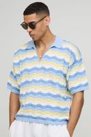 polo oversize recto de punto con raya efecto croche azul