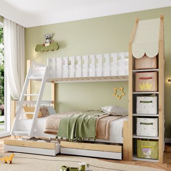 Cama Litera Infantil 90x200 Y 140x200 Diseño En Forma De Casa Con 2 Cajones Blanco