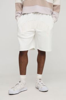 Ecru Oversized Tonal Worldwide Embroidered Mid Length Shorts, Cream