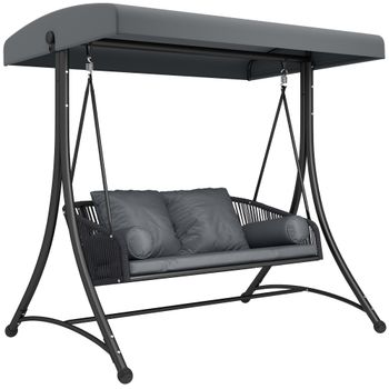 Outsunny Columpio Hollywood de ratán 2 plazas con toldo ajustable, cojín suave, armazón en A Gris oscuro