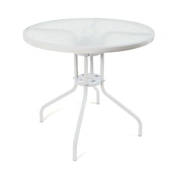 Mesa Redonda De Metal Con Base De Cristal Texturizado - Alto. 70 Cm X Diámetro. Ø80 Cm - Mesa Para Jardín, Terraza, Patio O Balcón - Blanco