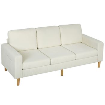 HOMCOM Sofá 3 plazas de terciopelo acanalado, sofá con cojines de muelles y asiento acolchado, 192x80x84,5cm, beige