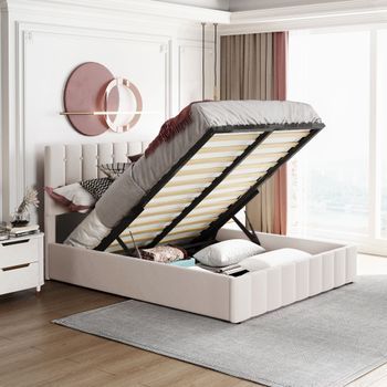 Cama Contenedor Con Cabecero Ajustable Y Almacenaje - 140 X 200 Cm - Terciopelo - Somier De Láminas - Blanco