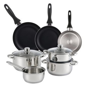 Batería de cocina 7 piezas de acero inox y sartenes gris ø16,20,24 cm