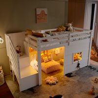 cama alta de 90 x 200 cm con escalera de almacenaje y ventana - mdf pino y contrachapado - blanco sin colchon